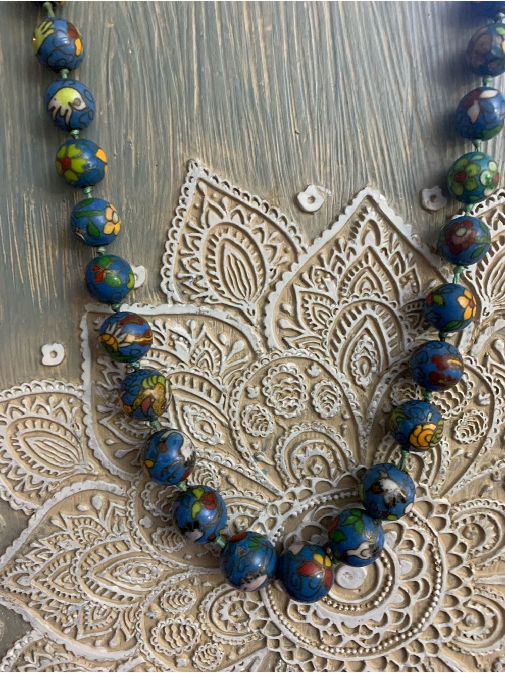 Blue Floral Chinese Cloisonné Bead Necklace - Vintage 19”